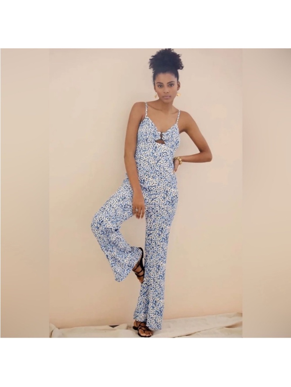 Hutch Blue Floral Wide Leg Jumpsuit Bow Front Size M